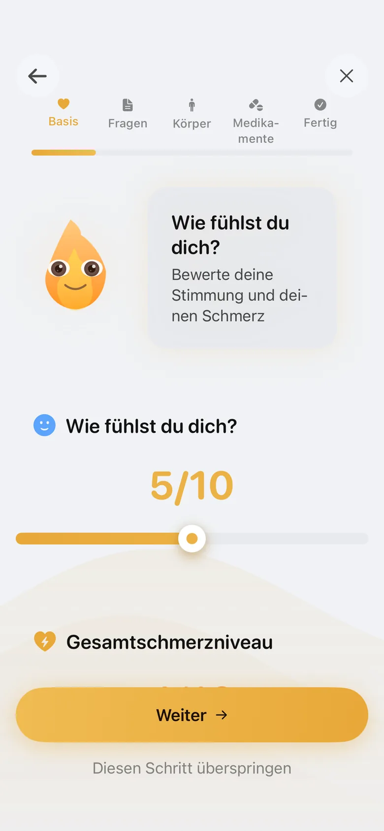 InflamAI Check-in mit Stimmungs- und Schmerz-Schieberegler